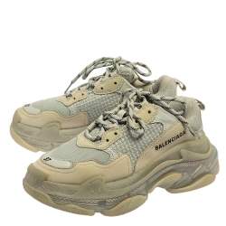 Pre Owned Balenciaga Grey Mesh And Leather Triple S Low Top Sneakers Size 37