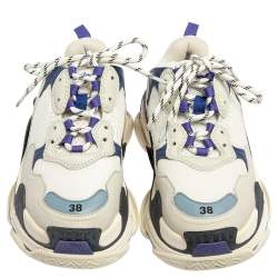 مملوكة مسبقًا Balenciaga White/Purple Mesh And Leather Triple S Low Top Sneaker Size 38