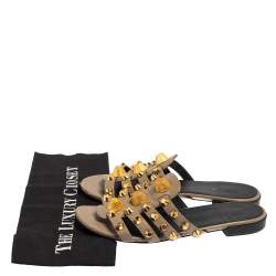 مملوكة مسبقًا Balenciaga Grey Leather Arena Embellished Slide Sandals Size 38