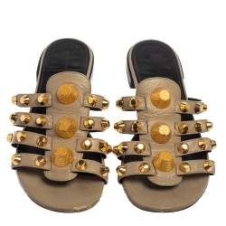 مملوكة مسبقًا Balenciaga Grey Leather Arena Embellished Slide Sandals Size 38