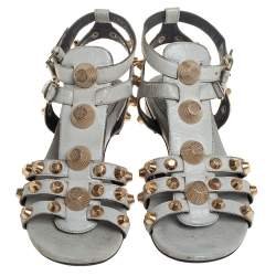 Pre Owned صندل فلات بالنسياغا جلد رصاصي مرصع سير كاحل مقاس 38.5