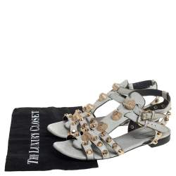 Pre Owned صندل فلات بالنسياغا جلد رصاصي مرصع سير كاحل مقاس 38.5