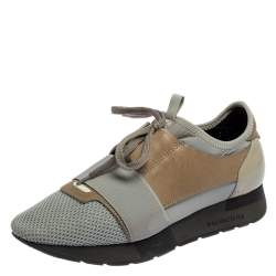 Pre Owned Balenciaga Grey Leather and Mesh Race Runner Sneakers Size 38