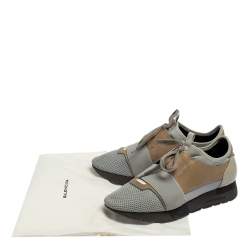 Pre Owned Balenciaga Grey Leather and Mesh Race Runner Sneakers Size 38