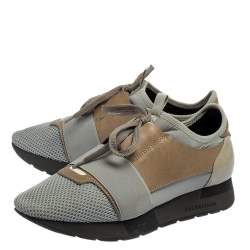 Pre Owned Balenciaga Grey Leather and Mesh Race Runner Sneakers Size 38