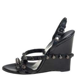 Pre Owned Balenciaga Black Leather Studded Slingback Wedge Sandals Size 37