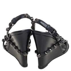 Pre Owned Balenciaga Black Leather Studded Slingback Wedge Sandals Size 37
