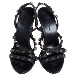 Pre Owned Balenciaga Black Leather Studded Slingback Wedge Sandals Size 37