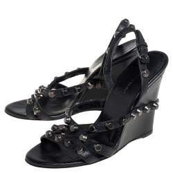Pre Owned Balenciaga Black Leather Studded Slingback Wedge Sandals Size 37