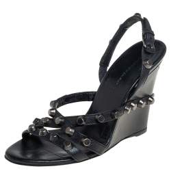 Pre Owned Balenciaga Black Leather Studded Slingback Wedge Sandals Size 37