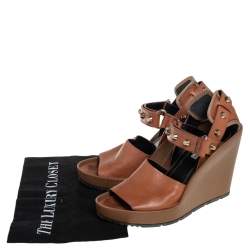 Balenciaga Brown Leather Wedge Ankle Strap Sandals Size 38.5