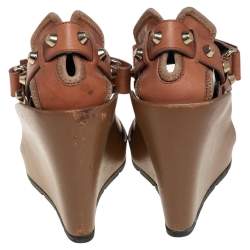 Balenciaga Brown Leather Wedge Ankle Strap Sandals Size 38.5