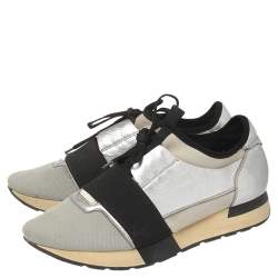 Balenciaga Silver/Black Leather And Fabric Race Runner Sneakers Size 40
