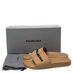 Pre Owned Balenciaga Beige Rubber Logo Pool Slides Size 39