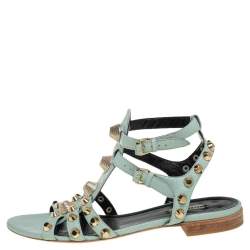 Balenciaga Pista Green Leather Arena Embellished Slide Sandals Size 41