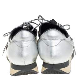 Pre Owned Balenciaga Silver Leather And Knit Fabric Race Runner Low Top Sneakers Size 38