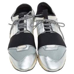 Pre Owned Balenciaga Silver Leather And Knit Fabric Race Runner Low Top Sneakers Size 38