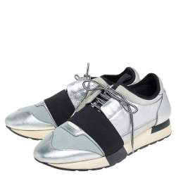 Pre Owned Balenciaga Silver Leather And Knit Fabric Race Runner Low Top Sneakers Size 38