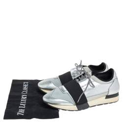 Pre Owned Balenciaga Silver Leather And Knit Fabric Race Runner Low Top Sneakers Size 38