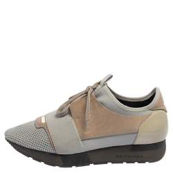 Pre Owned Balenciaga Grey/Brown Mesh And Suede Race Runner Low Top Sneakers Size 38