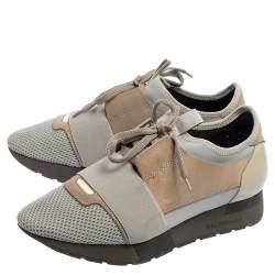 Pre Owned Balenciaga Grey/Brown Mesh And Suede Race Runner Low Top Sneakers Size 38