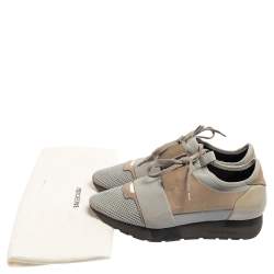 Pre Owned Balenciaga Grey/Brown Mesh And Suede Race Runner Low Top Sneakers Size 38