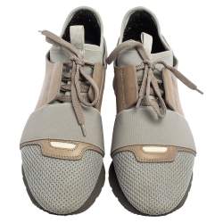 Pre Owned Balenciaga Grey/Brown Mesh And Suede Race Runner Low Top Sneakers Size 38