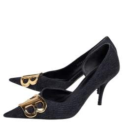 Pre Owned حذاء كعب عالي بالنسياغا كانفاس أسود مزين شعار الماركة بي بي دورساي مقدمة مدببة مقاس 37