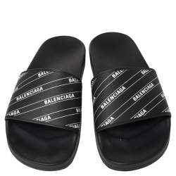 Pre Owned Balenciaga Black Rubber Logo Stamped Pool Slides Size 41