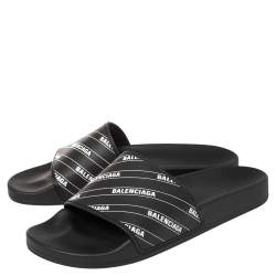 Pre Owned Balenciaga Black Rubber Logo Stamped Pool Slides Size 41
