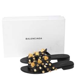 Pre Owned Balenciaga Black Leather Studded Slide Flats Size 38