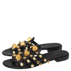 Pre Owned Balenciaga Black Leather Studded Slide Flats Size 38
