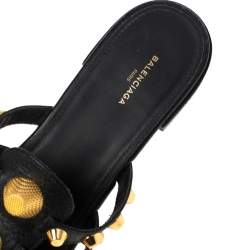 Pre Owned Balenciaga Black Leather Studded Slide Flats Size 38