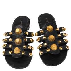 Pre Owned Balenciaga Black Leather Studded Slide Flats Size 38