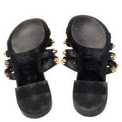 Pre Owned Balenciaga Black Leather Studded Slide Flats Size 38