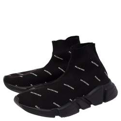 مملوكة مسبقًا Balenciaga Black Logo Knit Fabric Speed Trainer High Top Sneakers Size 37