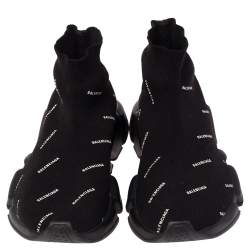 مملوكة مسبقًا Balenciaga Black Logo Knit Fabric Speed Trainer High Top Sneakers Size 37