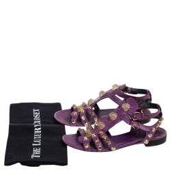 Pre Owned Balenciaga Purple Leather Studded Ankle Strap Flat Sandals Size 38