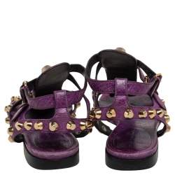 Pre Owned Balenciaga Purple Leather Studded Ankle Strap Flat Sandals Size 38