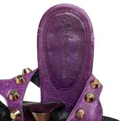 Pre Owned Balenciaga Purple Leather Studded Ankle Strap Flat Sandals Size 38