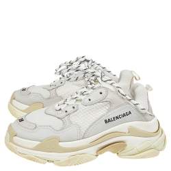 Pre Owned Balenciaga White/Grey Mesh And Leather Triple S Low Top Sneakers Size 38