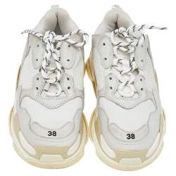 Pre Owned Balenciaga White/Grey Mesh And Leather Triple S Low Top Sneakers Size 38