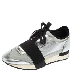 مملوكة مسبقًا Balenciaga Silver/Grey Leather And Fabric Race Runner  Sneakers Size 36