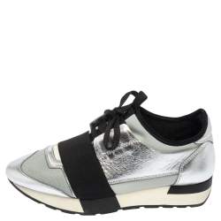 مملوكة مسبقًا Balenciaga Silver/Grey Leather And Fabric Race Runner  Sneakers Size 36