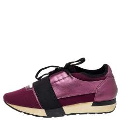 Pre Owned Balenciaga Burgundy/Purple Leather And Canvas Race Runner Sneakers Size 40