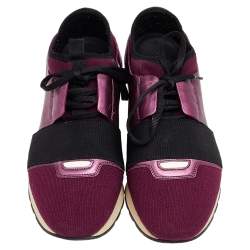 Pre Owned Balenciaga Burgundy/Purple Leather And Canvas Race Runner Sneakers Size 40