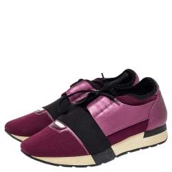 Pre Owned Balenciaga Burgundy/Purple Leather And Canvas Race Runner Sneakers Size 40