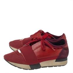 Pre Owned Balenciaga Red/White Leather And Mesh Race Runner Sneakers Size 38