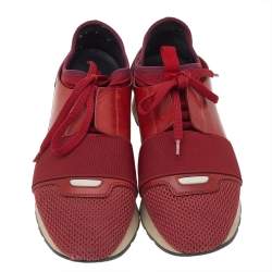 Pre Owned Balenciaga Red/White Leather And Mesh Race Runner Sneakers Size 38