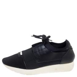 Pre Owned Balenciaga Black Leather And Mesh Race Runner Sneakers Size 40